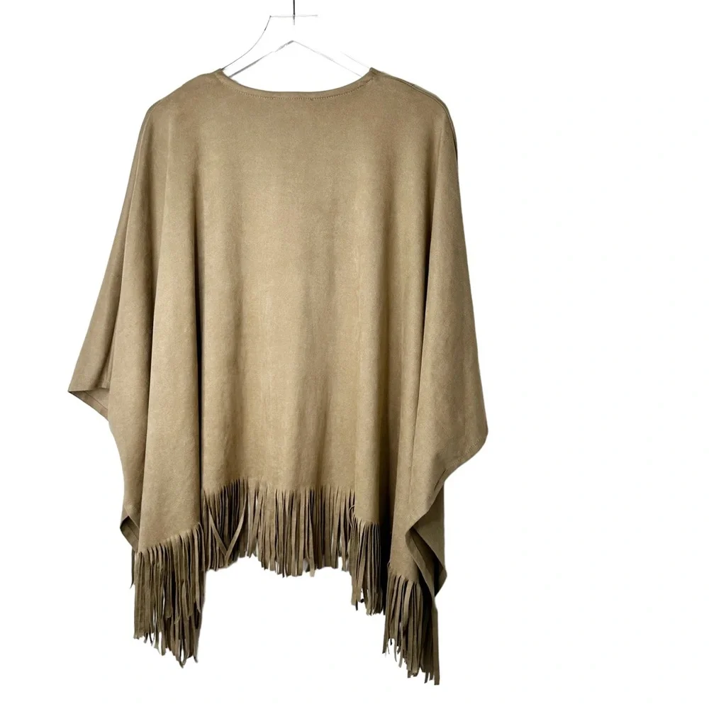 Karen Kane Faux Suede Tan Fringe Cape Large - Picture 4 of 12